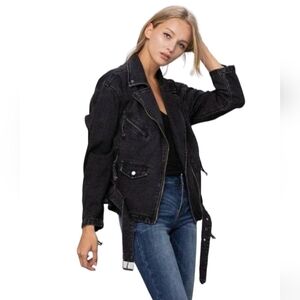 Free People Womens Moto Jacket Washed Out Black Oversized Denim Zippers Medium